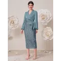 SHEIN Modely Shawl Collar Lantern Sleeve Sequin Wrap Knot Side Dress