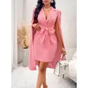 SHEIN Lady Lapel Cape Sleeves Knotted Front Dress