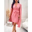 SHEIN Lady Lapel Cape Sleeves Knotted Front Dress