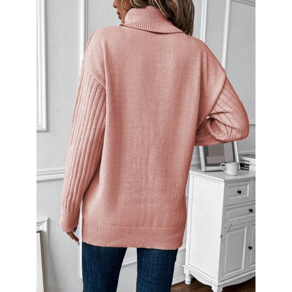 Turtleneck Drop Shoulder Button Detail Sweater