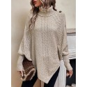 SHEIN Essnce Turtleneck Batwing Sleeve Button Detail Cable Knit Poncho