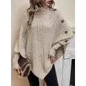 SHEIN Essnce Turtleneck Batwing Sleeve Button Detail Cable Knit Poncho