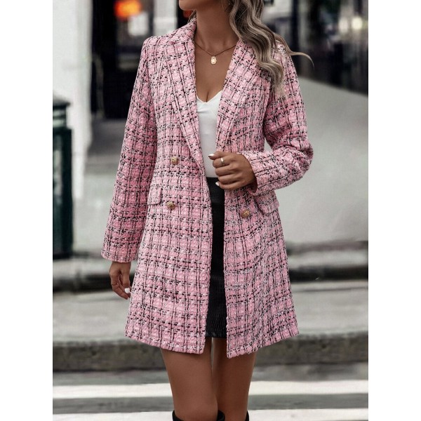 Plaid Pattern Double Breasted Tweed Overcoat