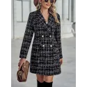 Plaid Pattern Double Breasted Tweed Overcoat