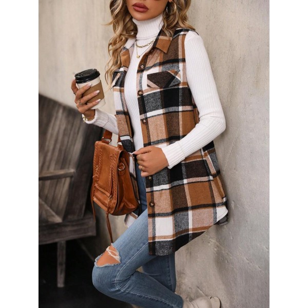 Plaid Print Flap Detail Sleeveless Coat