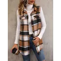 Plaid Print Flap Detail Sleeveless Coat