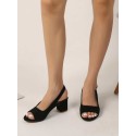 Minimalist Chunky Heeled Suedette Slingback Sandals, Black Elegant Solid Color Open Heel Shoes