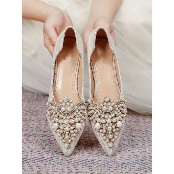 Women Faux Pearls Decor Flats, Elegant Point Toe Flats Ballet Flats