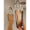 Women Faux Pearls Decor Flats, Elegant Point Toe Flats Ballet Flats