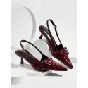 Sexy And Elegant Pointed Toe Patent Leather Stiletto High Heels With Metal Buckle Strap, Wine Red, For Wedding And Party