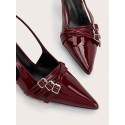 Sexy And Elegant Pointed Toe Patent Leather Stiletto High Heels With Metal Buckle Strap, Wine Red, For Wedding And Party