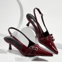 Sexy And Elegant Pointed Toe Patent Leather Stiletto High Heels With Metal Buckle Strap, Wine Red, For Wedding And Party