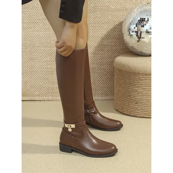 Women's Knee-high Boots, Fashionable Brown Suede Boots With Metal Buckle And Side Zipper. This High-top Boot Is A Versatile Style For Autumn/winter Season.