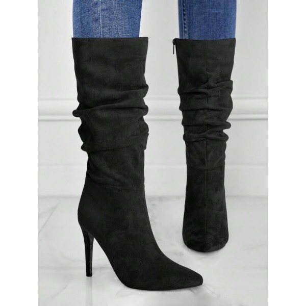 Slim High Heel Wrinkle Design Suede Ankle Boots