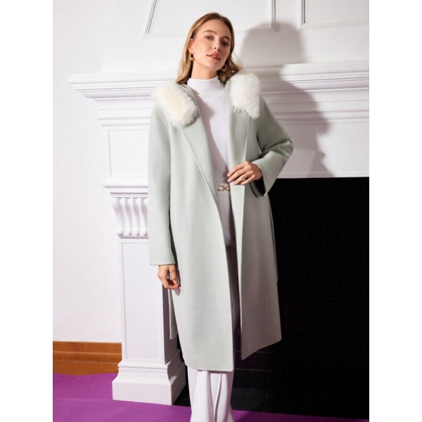 PREMIUM BELTED WOOL-BLEND FAUX FUR COAT