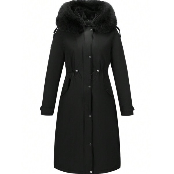 Trim Hooded Drawstring Waist Winter Coat