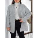Frenchy Plus Size Herringbone Pattern Long Sleeve Wool Coat
