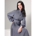  Marled Knit Lantern Sleeve Pleated Belted Dress