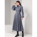  Marled Knit Lantern Sleeve Pleated Belted Dress