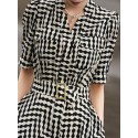 Checkerboard Print Belted A-Line Dress