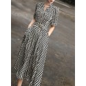 Checkerboard Print Belted A-Line Dress