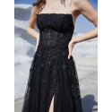 High Split Hem Embroidered Tulle Strapless Formal Evening Dress