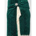  Green Crushed Velvet & Ivory Lace Flapper Dress