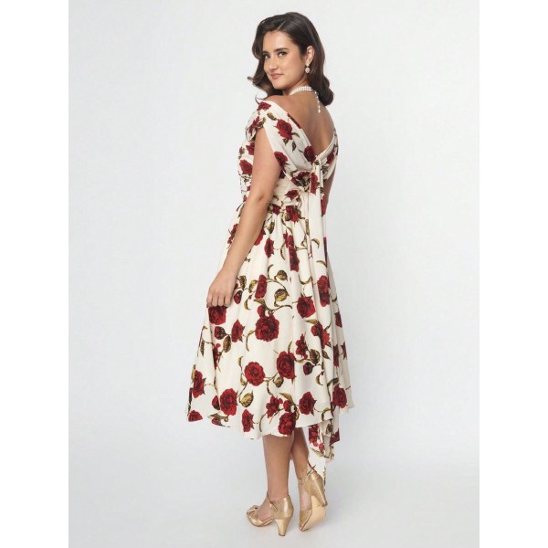 White & Red Roses Off The Shoulder Tea Length Dress