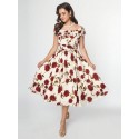 White & Red Roses Off The Shoulder Tea Length Dress