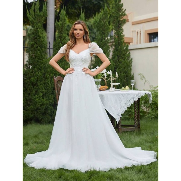 Cold Shoulder Mesh Wedding Dress