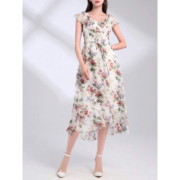 Floral Print Ruffle Trim Belted Dress