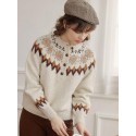 Simple Retro wool printed button round neck sweater