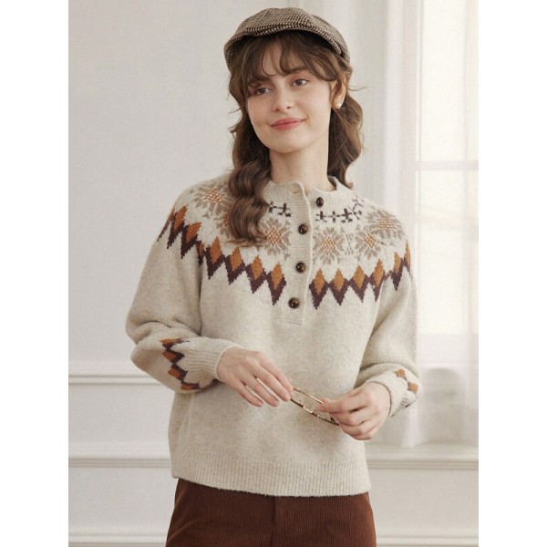 Simple Retro wool printed button round neck sweater