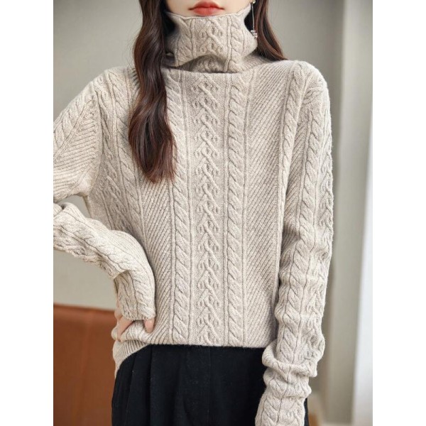 100% Wool High Collar Pullover, Soft Warm Long Sleeve Fashion Sweater
